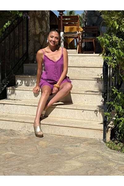 Punta Otantik Nc3159 Front Tassel Linen Italian Shorts Suit Magenta