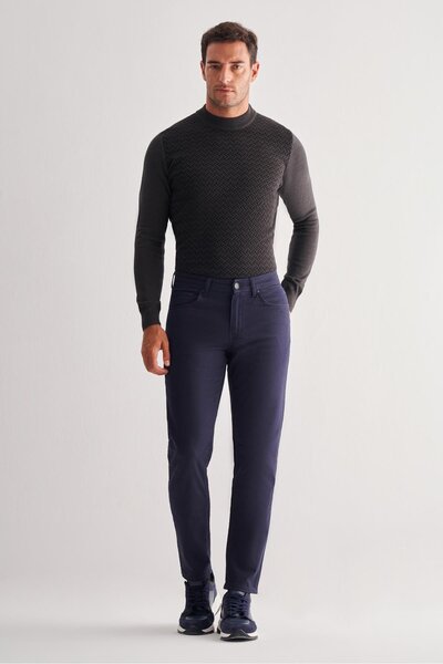 İmza Dark Navy Blue Casual Slim Fit 5-Pocket Straight-Leg Trousers 1003255320