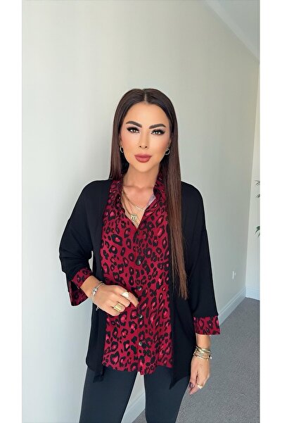 Great Fast kadın Lare Bordo Leopar Parça Tasarım Kadın Tunik Bluz