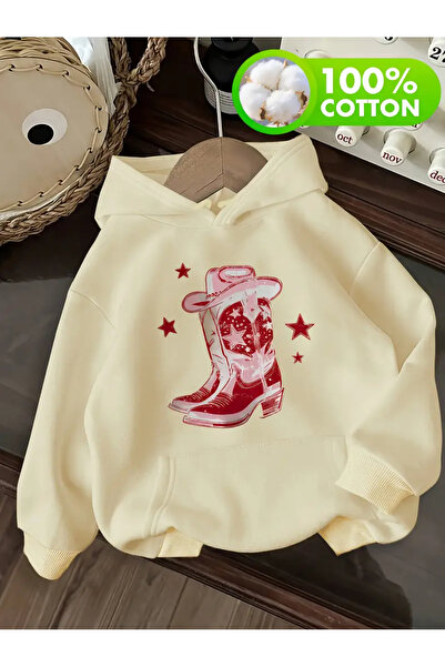 Machetta Kadın Kovboy Çizme Baskılı Oversize %100 Pamuk Sweatshirt Hoodie