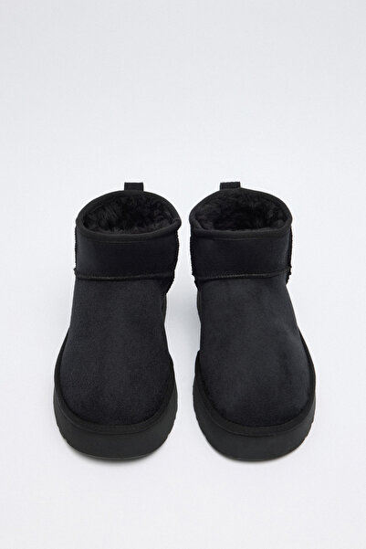 LUTVELIZADE Bot 2519 - Cizme de damă din piele intoarsa neagra cu talpa groasa si blana in interior