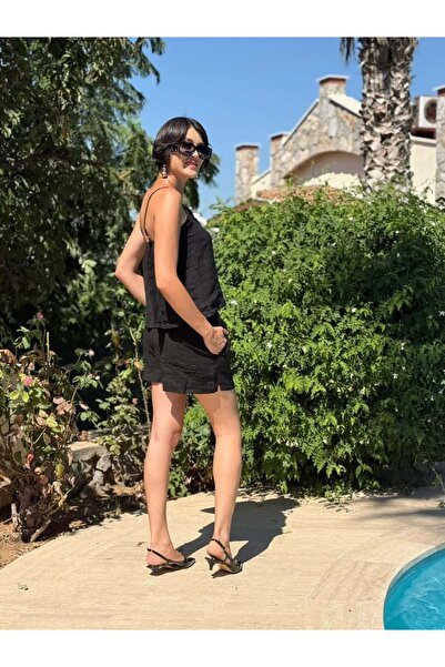 Punta Otantik Nc3159 Front Tassel Linen Italian Shorts Suit Black