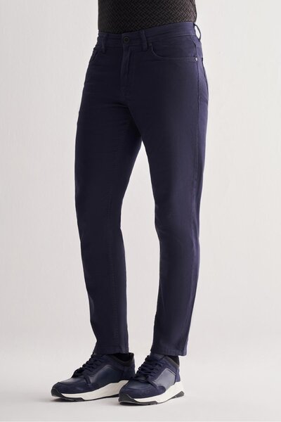 İmza Dark Navy Blue Casual Slim Fit 5-Pocket Straight-Leg Trousers 1003255320