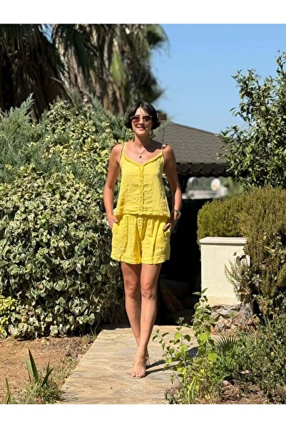 Punta Otantik Nc3159 Front Tassel Linen Italian Shorts Suit Yellow