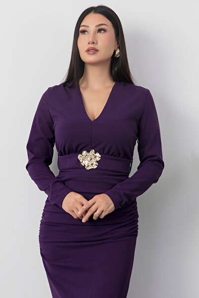 PULLIMM V-подібний виріз, пояс із застібкою, сукня середньої довжини NY3021