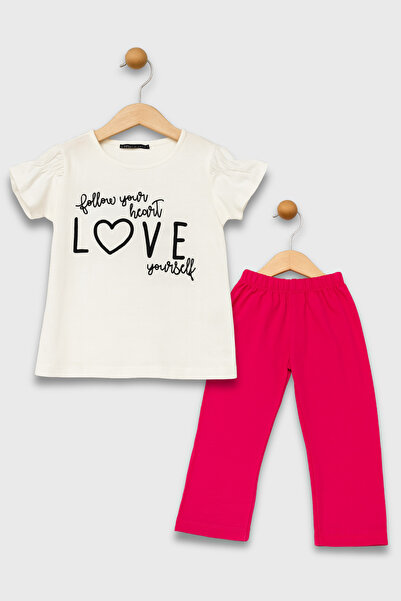 ETİC MODA Girls' Two-Piece Set – White Printed T-Shirt & Pink Leggings, Comfortable and Stylish