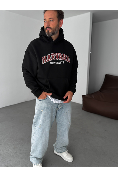 BYBASICMAN Черна блуза с качулка и надпис „Harvard“ PM-01