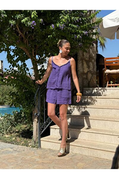 Punta Otantik Nc3159 Front Tassel Linen Italian Shorts Suit Purple