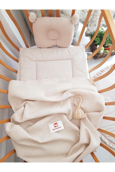 ib ilkimbebe 3-Piece Diaper Changing Set with Plaid Large Pom-Pom Blanket, Cradle, Newborn, Baby Products, Baby Pillow