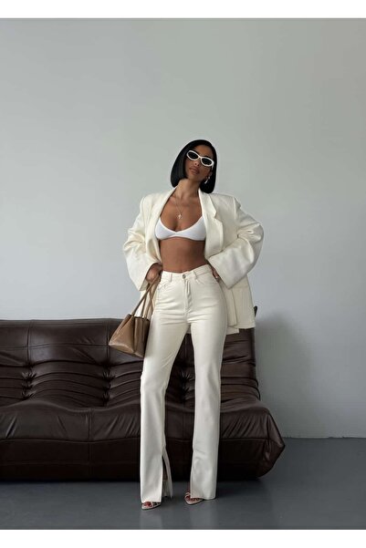 KIKU High Waist Leather Look Slit Detailed Trousers