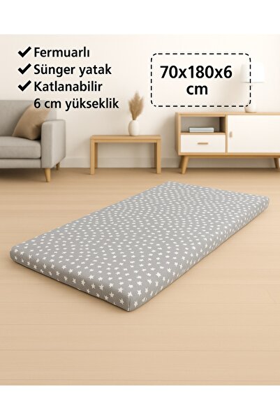 Vip Home Concept Sünger Yatak 70x180x6 CM, Yer Yatağı, Balkon Yer Minderi,Şantiye,Karavan,Deprem Yatağı-GRİ YILDIZ