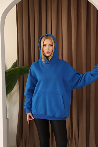 TİENDEROPA Kadın Oversize 3 İplik Şardonlu Kışlık Kapüşonlu Kanguru Cepli Sweatshirt