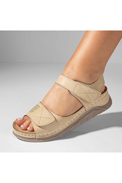 Modlet.ro Sandale bej pentru femei cu talpă groasă și închidere cu velcro MOD...