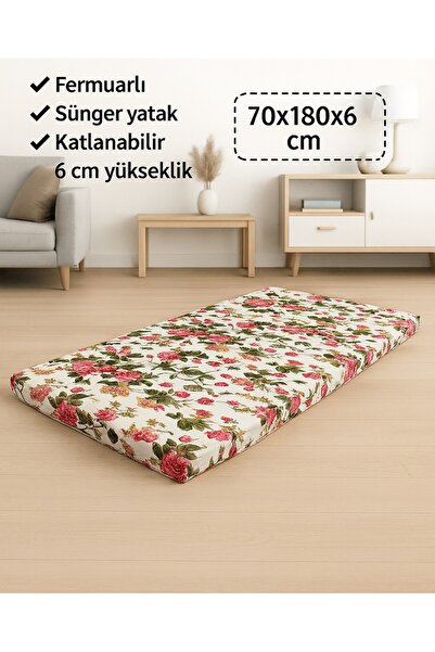 Vip Home Concept Market Ürünleri Sünger Yatak 70x180x6 CM, Yer Yatağı, Balkon Yer Minderi,Şantiye,Karavan,Deprem Yatağı-İNGİLİZ GÜLÜ