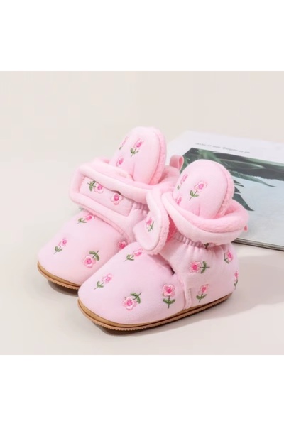 Bebelul Baby booties, pink, with floral embroidery and soft padded interior