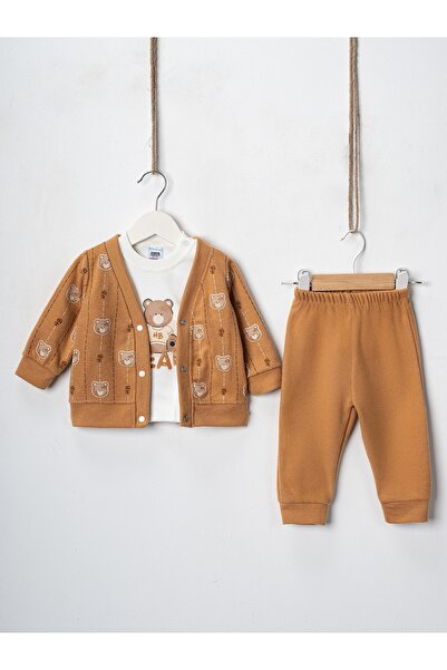 Hoppidik طقم كارديجان من قماش سالونيك مكون من 3 قطع للأطفال الأولاد، سويت شيرت مطبوع عليه دمية دب، خصر مطاطي من الأسفل