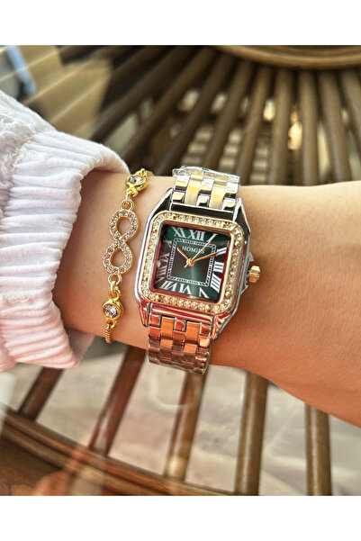 Homies ساعة يد نسائية مربعة ذهبية اللون باللون الأخضر، حزام بلونين ذهبي وفضي