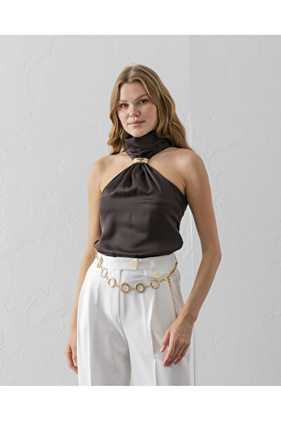 VUNTAL Buckle Sleeveless Satin Blouse
