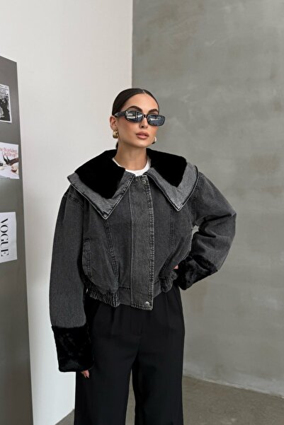 spirituel Women's Coat Short Plush Detailed Wide Collar Zippered Elastic Wais...