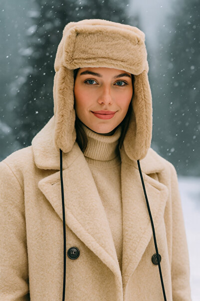 Neşeli Butik قبعة ثلج نسائية من الفرو الصناعي مع حبل بوم بوم وسماعات أذن NBAKS003