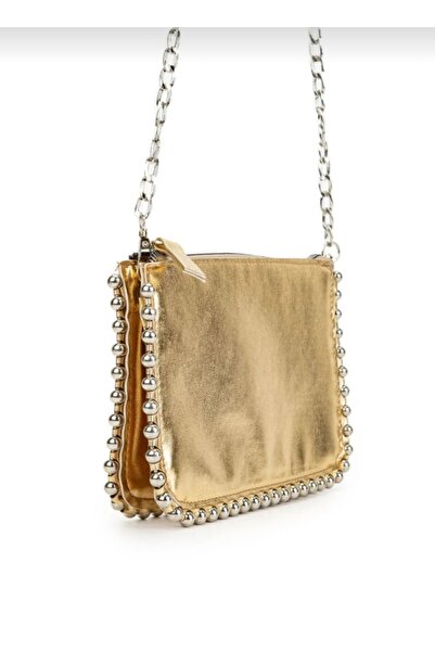 shop Kadın Eskitme Görünümlü Zincir Askılı Boncuk Detaylı 3 Bölmeli Suni Deri Abiye-Günlük Clutch Çanta