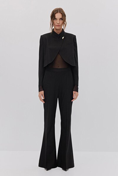 Shn ÇİZGİLİ YAKA DETAYLI CROP CEKET PANTOLON TAKIM
