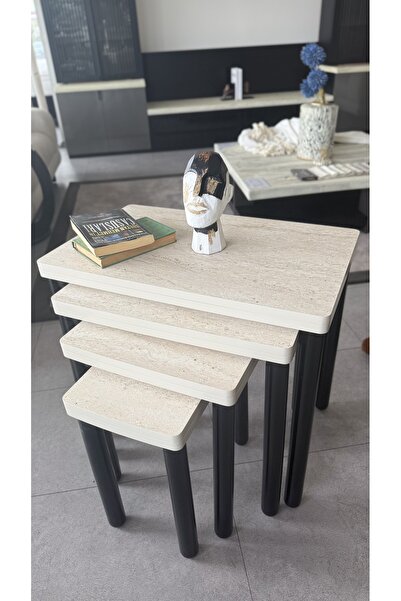 AKSET 4LÜ TRAVERTEN ZİGON SEHPA BOHEM SİYAH AYAK