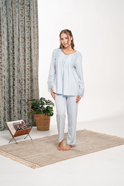 Lohusa Homewear Kadın Mavi Kışlık Özel Tasarım Hamile Lohusa Sabahlık Pijama Takımı Seti