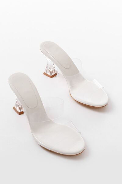 Budi S-618 White Patent Leather Double Strap Heeled Women's Slippers