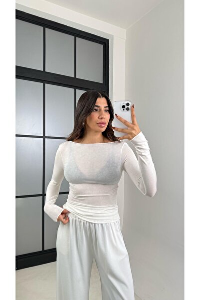 Gaus Ekru Kayık Yaka Muadil Kaşmir Dokulu Transparan Bluz GAUS-00455