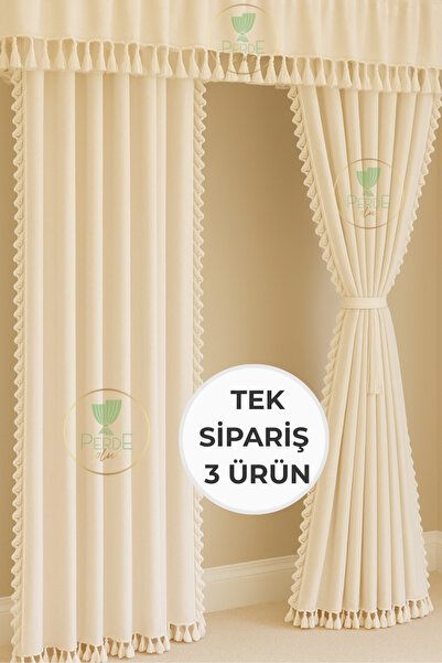 Perdeplus Tasseled, Colored Curtain Set – Set of 3, Rustic & Cornice Compatible