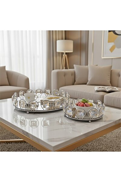 Hinora طقم صواني مستديرة مكون من قطعتين مع مرآة من الكريستال المربع 30-35 سم