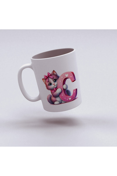 Kupa كوب بحرف C، كوب بتصميم قطة وردية لطيفة، هدية للأصدقاء والعائلة من البورسلين