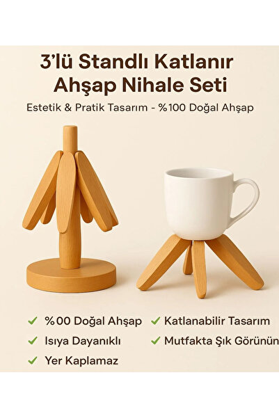 MİMOZA PARK 3 lü Standlı Bambu Ağaç Nihale Seti Isıya Dayanıklı Bardak ve Tencere Altı Katlanır Nihale