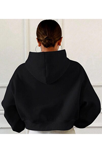 BRZ COLLECTION Volná mikina s kapucí a potiskem kamene, střih Juicy Crop, černá