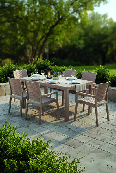 Evdemo King 6 Kişilik Rattan Masa Sandalye Takımı Cappuccino