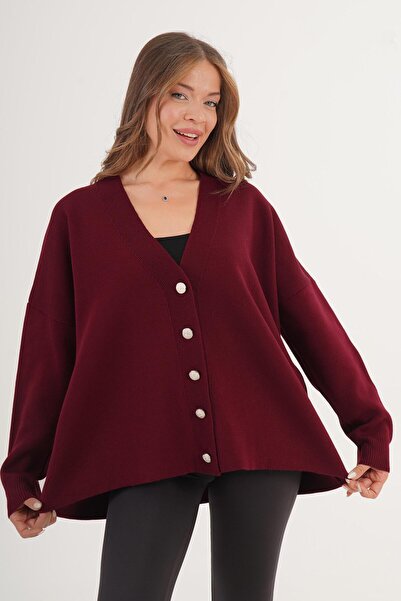 Hipo Trend Cardigan clasic din tricotaje burgundy supradimensionat cu detaliu...
