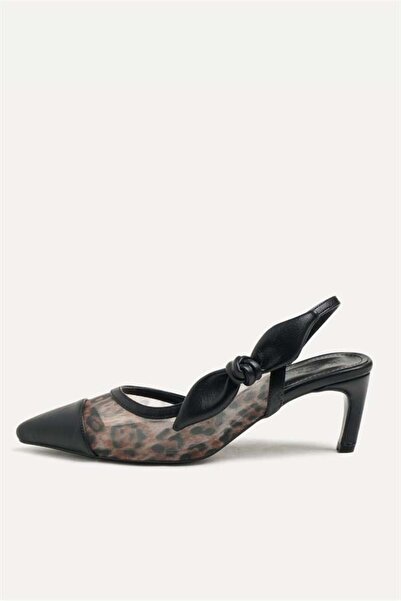 Majensia 155214 حذاء بكعب عالي مزين بفيونكة بنقشة الفهد جلد أسود/نمط الفهد