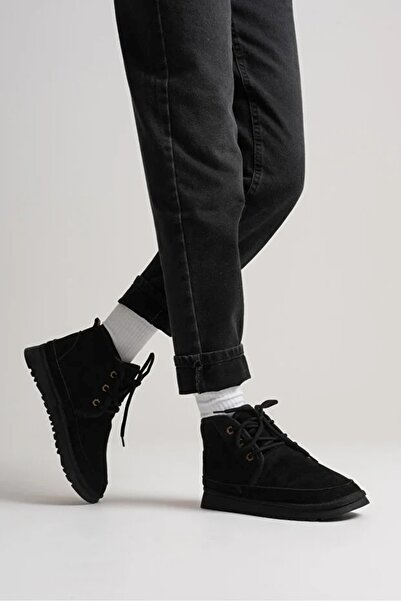 Ayakkabı Delisiyim Siyah Süet Kadın Bot – İçi Yünlü, Heribo, Tüylü, İnce Tabanlı, Bağcıklı, Sıcak Tutan