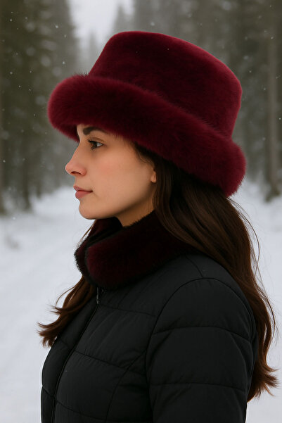 Neşeli Butik Women's Burgundy Plush Kalpak Hat Nbaks001