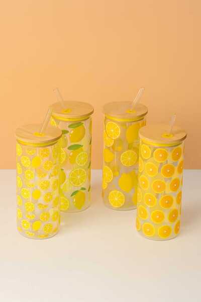 TİTANEV كوب زجاجي من بينترست بامبو مع غطاء وشفاطة بنمط قطة الليمون للأطفال وا...