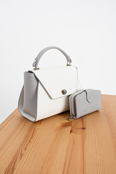 H&D COLLECTİON Polo of Colors White Gray Cover Women's Bag Wallet Set with Hand and Long Shoulder Strap