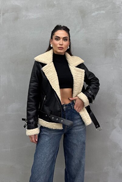 spirituel Jachetă de piele scurtă pentru motociclist, cu blană albă și neagră