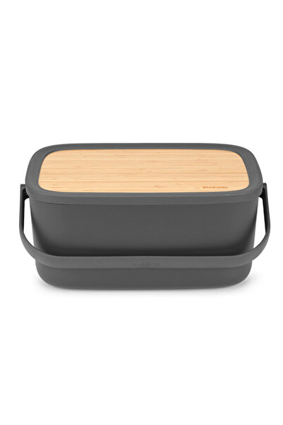 Brabantia Nic Bread Box 1003255, 39.5 cm, Bamboo Lid, Carrying Handle, Dark Gray