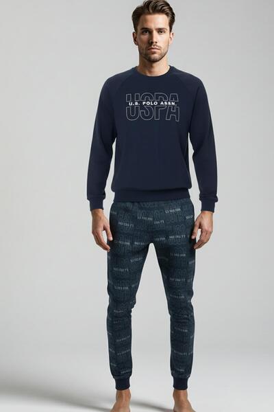 U.S. Polo Assn. Чоловічий темно-синій піжамний комплект з довгими рукавами, коміром-стійкою, еластичними манжетами та візерунком C8T6N981