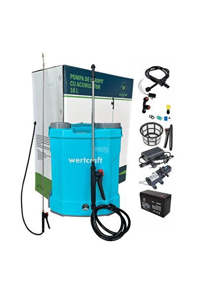 Wertcraft Pompa de stropit 16L cu acumulator, duze si regulator de presiune inclus, 8 ah + Lance tel