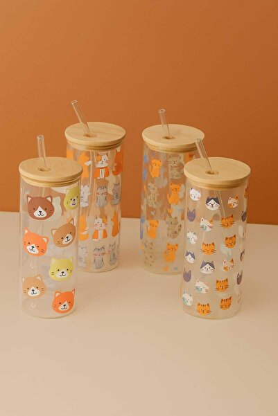 TİTANEV كوب زجاجي من بينترست بامبو مع غطاء وشفاطة بنمط قطة الليمون للأطفال وا...
