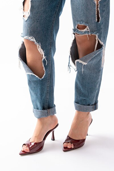 Budi 716 Burgundy Patent Leather Pointed Toe Heeled Women's Slippers