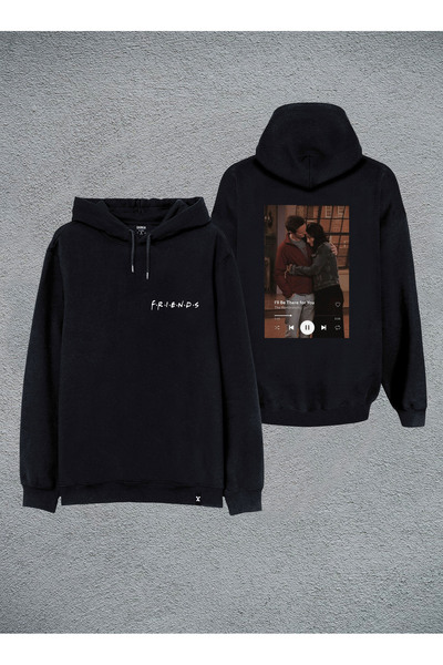 MODA Friends Baskılı Siyah Kapşonlu Kapüşonlu Sweatshirt Hoodie