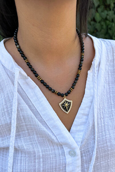 Suerte Accessories Handmade Onyx and Hematite Natural Stone Special Design Women's Natural Stone Necklace with Steel Pendant